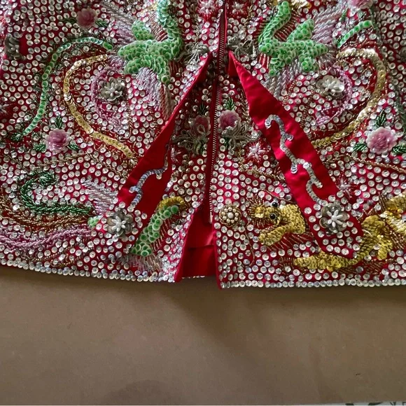 Vintage Custom Handmade Fully Beaded Sequined Traditional Chinese Wedding Dress - Picture 9 of 15